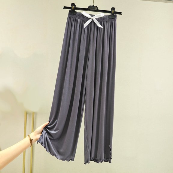 CLOISE Trousers for Women Elastic Waist Wide Leg Pants Mid Rise Stretchy Palazzo Pants Drawstring Bow Tie Lounge Trousers Soft Pull On Pants Lightweight Casual Pants Gray