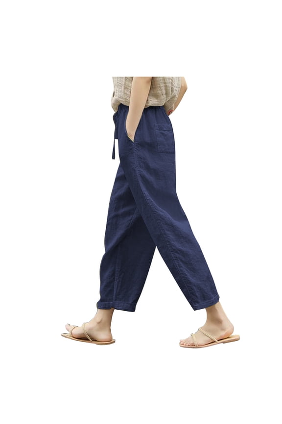 Trousers for Women With Pockets Cotton Linen Pants Petite Soft Elastic Waist Lounge Pants Drawstring Mid Rise Pants Lightweight Pull On Trousers Solid Cotton Linen Pants Summer Navy
