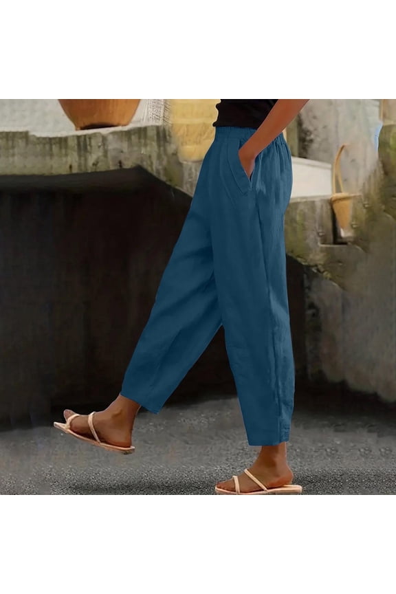 Pants for Women Plus Size with Pockets Cotton Linen Pants Petite Casual Elastic Waist Lounge Pants Lightweight Lady Pull on Pants Mid Rise Trousers Straight Leg Linen Pants Trendy Summer Blue