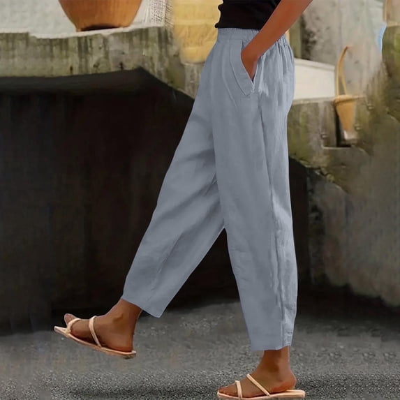 CLOISE Pants for Women with Pockets Cotton Linen Pants Petite Comfort Elastic Waist Lounge Pants Lightweight Lady Pull on Pants Mid Rise Trousers Straight Leg Linen Pants Summer Gray M