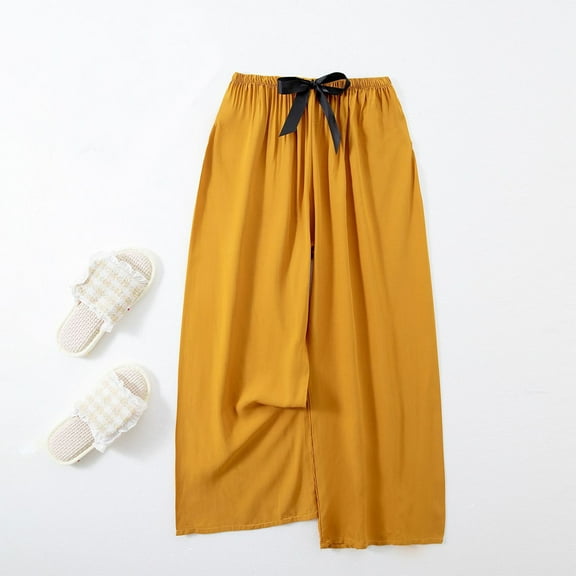 CLOISE Trousers for Women Pull On Cotton Pant Wide Leg Pants Drawstring Elastic Waist Palazzo Pants Lounge Mid Rise Pants Solid Lightweight Loose Trousers Casual Summer Yellow