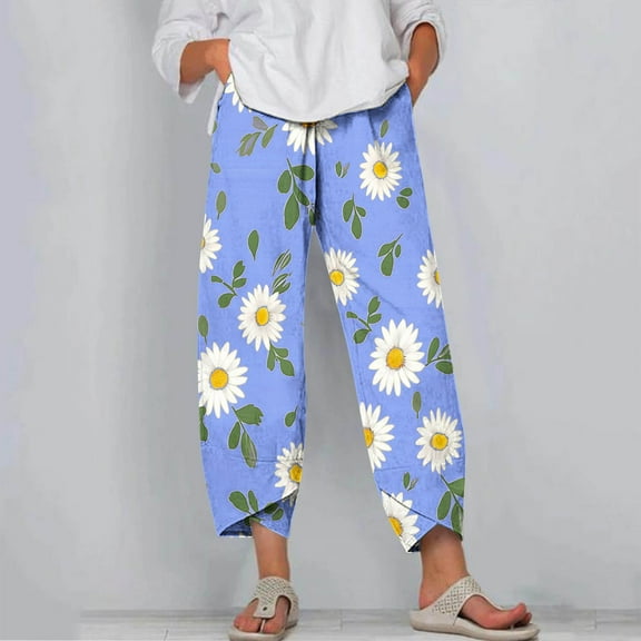 CLOISE Trousers for Women Pull On High Waisted Pants Straight Leg Stretch Active Pants Elastic Waist Lounge Casual Loose Running Athletic Pants Floral Print Trousers Fashion Light Blue