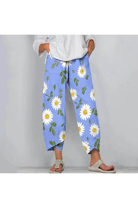 Trousers for Women Pull On High Waisted Pants Straight Leg Stretch Active Pants Elastic Waist Lounge Casual Loose Running Athletic Pants Floral Print Trousers Fashion Light Blue