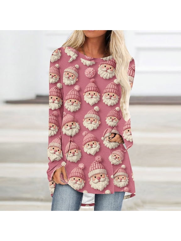 Tunic Shirts for Women Long Sleeve Plus Size Christmas Santa Claus Crew Neck Tee Tops Raglan Sleeve Pullover Loose Cozy Party Clothes M