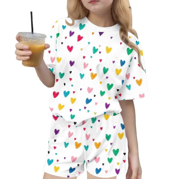 CLOISE Two Piece Lounge Set for Kids Girls Short Sleeve Heart Outfits Matching Set T Shirts Shorts Vacation Clothes