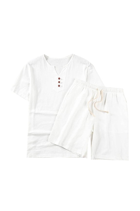 Two Piece Lounge Set for Men Short Sleeve Big and Tall Linen Sets with Pockets Outfits T Shirts Shorts Travel Clothes