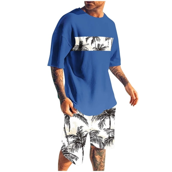 CLOISE Two Piece Lounge Set for Men Short Sleeve Big and Tall Outfits Matching Sets Shirts Shorts Hawaiian Beach Vacation Clothes