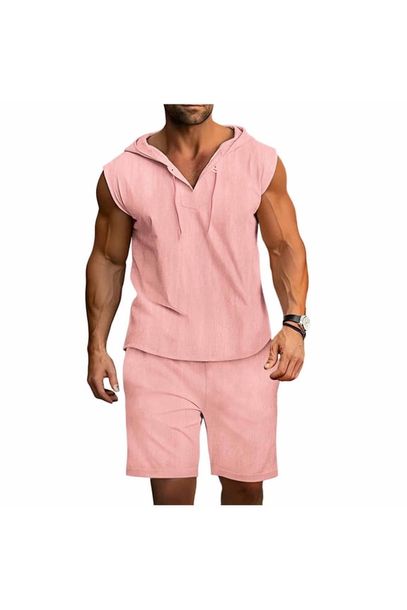 Two Piece Lounge Set for Men Sleeveless Big and Tall Linen Matching Set Outfits Tank Tops Shorts Vacation Clothes