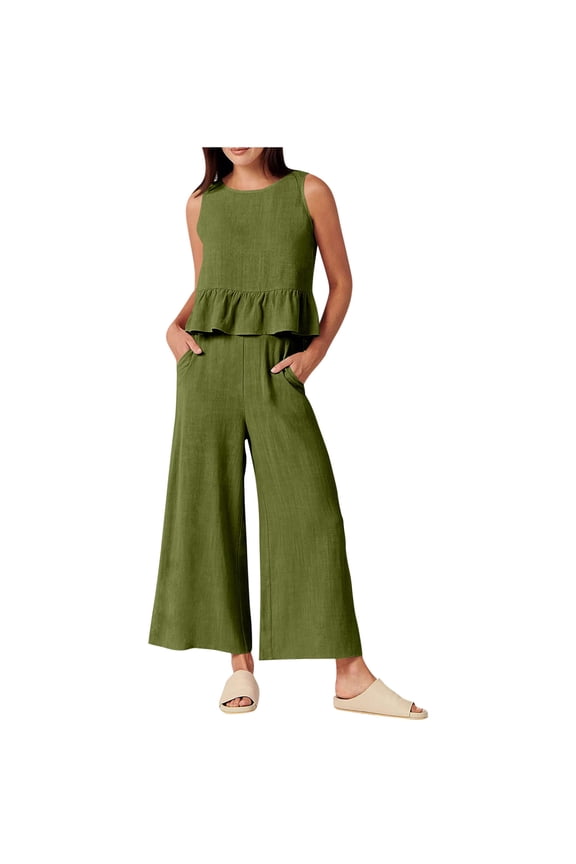 Two Piece Set Women Sleeveless Plus Size Outfits Ruched Lounge Sets Tank Tops Wide Leg Cropped Pants Matching Summer Clothes