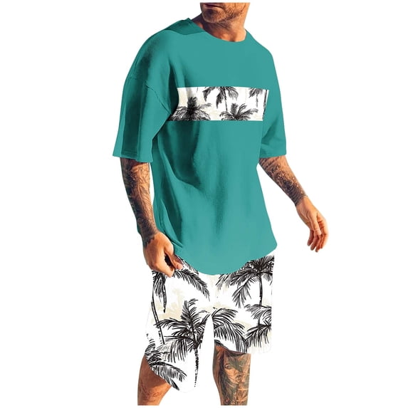 CLOISE Two Piece Set for Men Outfits Short Sleeve Big and Tall Outfits Matching Sets Shirts Shorts Hawaiian Beach Vacation Clothes