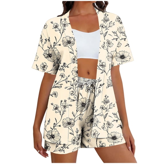 CLOISE Two Piece Vacation Sets for Women Plus Size Matching Sets with Pockets Outfits Short Sleeve Cardigan Shorts Travel Clothes