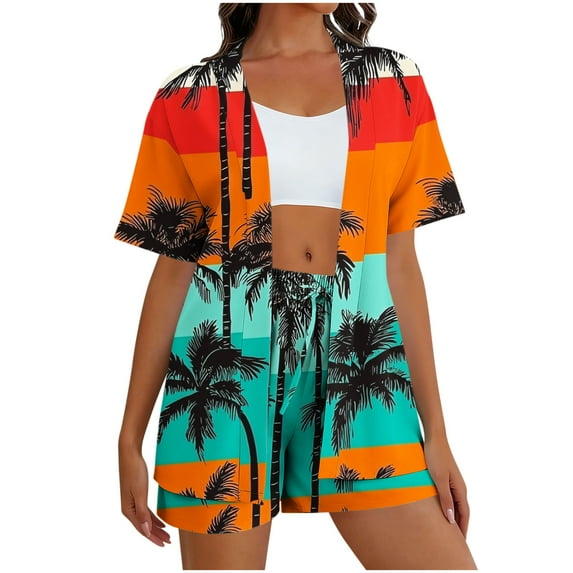 CLOISE Vacation Sets for Women 2 Piece Plus Size Matching Sets Outfits Short Sleeve Cardigan Shorts Hawaiian Beach Clothes
