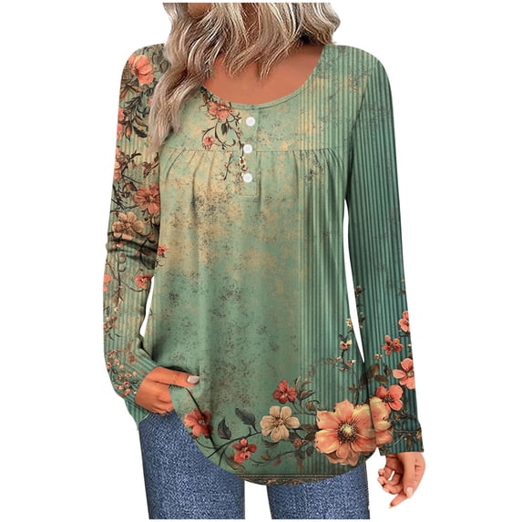 CLOISE Vintage Graphic Tees for Women Crew Neck Button Tunic Graphic Long Sleeve Pullover Cute Vacation Clothes