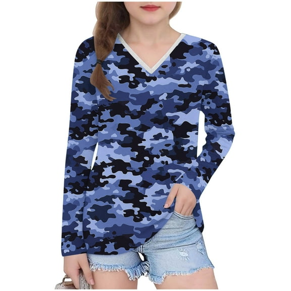 CLOISE Vintage Tees for Boys Girls Kids V Neck Camouflage Long Sleeve Pullover Casual Vacation Clothes Blue 3T