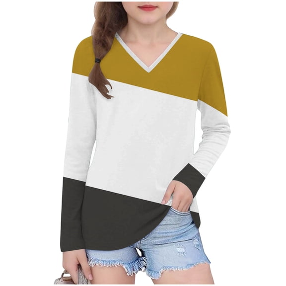 CLOISE Vintage Tees for Boys Girls Kids V Neck Color Block Long Sleeve Pullover Casual Fall Winter Clothes Yellow 3T