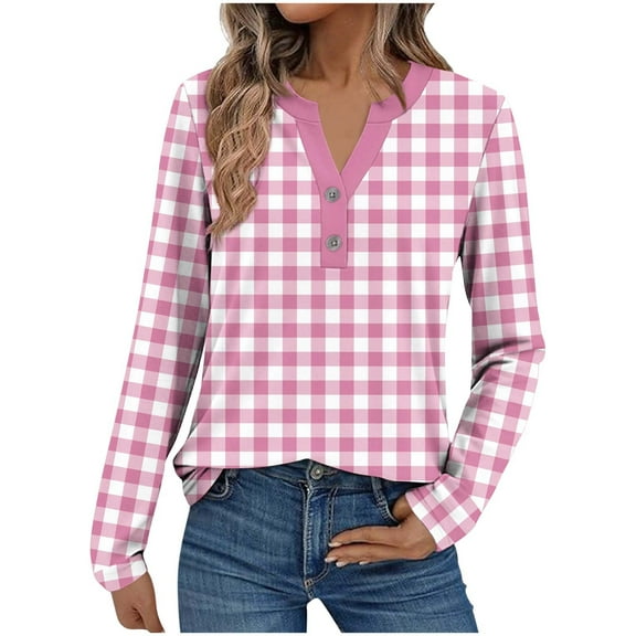 CLOISE Vintage Tees for Women Plus Size V Neck Button Plaid Long Sleeve Pullover Casual Fall Fashion Outfits Pink M
