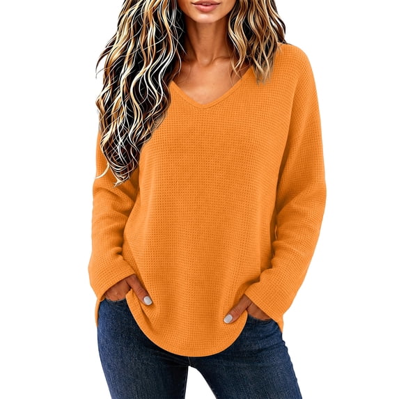 CLOISE Waffle Shirt Women V Neck Casual Tee Tops Cotton Blend Solid Color Long Sleeve Pullover Fall Winter Slim Clothes Orange S