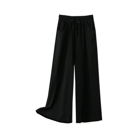 CLOISE Wide Leg Pants for Women Casual High Waisted Cotton Linen Palazzo Pants Drawstring Pull On Loose Fit Palazzo Pants Comfy Elastic Waist Wide Leg Pants Solid Straight Leg Pants Black