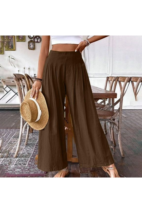 Wide Leg Pants for Women Casual High Waisted Cotton Linen Palazzo Pants Pull On Loose Fit Palazzo Pants Lightweight Comfy Elastic Waist Wide Leg Pants Solid Straight Leg Pants Brown