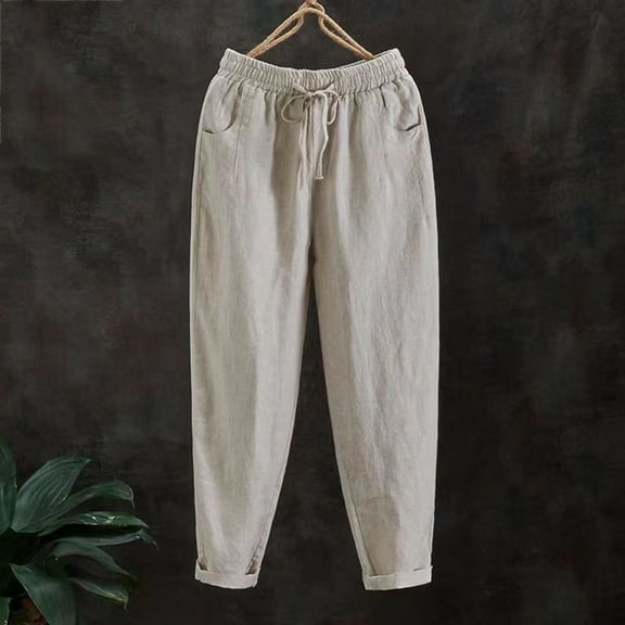 CLOISE Wide Leg Pants for Women Casual Petite Cotton Linen Wide Leg Pants Drawstring Mid Rise Wide Leg Pants Elastic Waist Comfy Palazzo Pants Pull On Lightweight Straight Leg Pants Beige