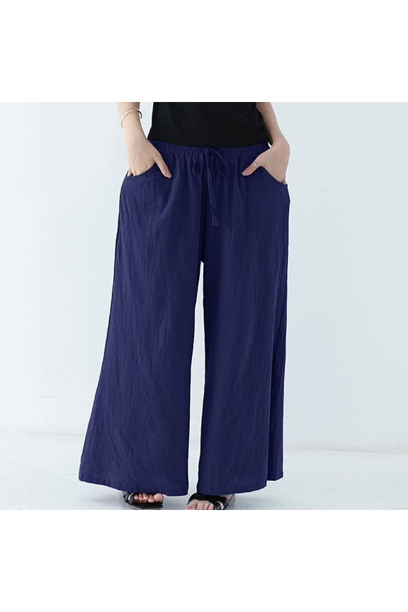 Wide Leg Pants for Women Plus Size Casual High Waisted Cotton Linen Palazzo Pants Drawstring Pull On Loose Fit Palazzo Pants Comfy Elastic Waist Wide Leg Pants Solid Straight Leg Pants Navy