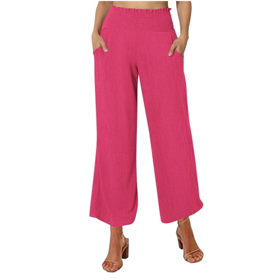 CLOISE Wide Leg Pants for Women Dressy Pockets Plus Size High Waist Cropped Pants Casual Linen Solid Baggy Trousers Elastic Waist Vacation Clothes