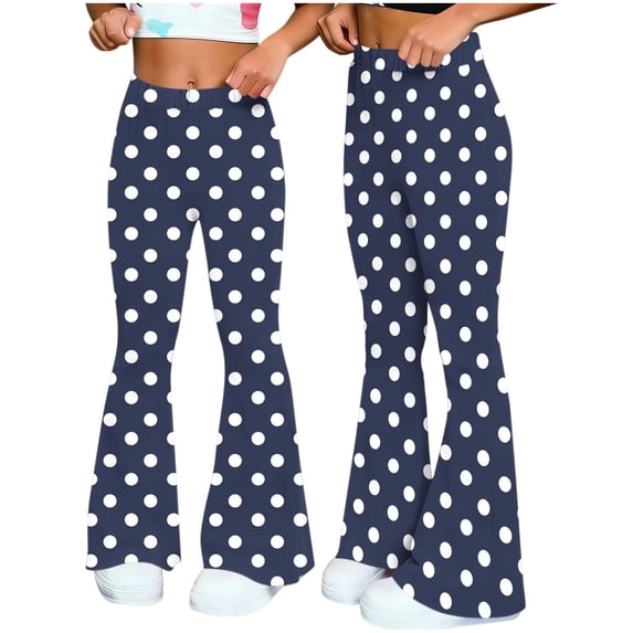 CLOISE Wide Leg Pants for Women Mid Waist Long Pants Elastic Waist Polka Dot Baggy Workout Outfits Navy L