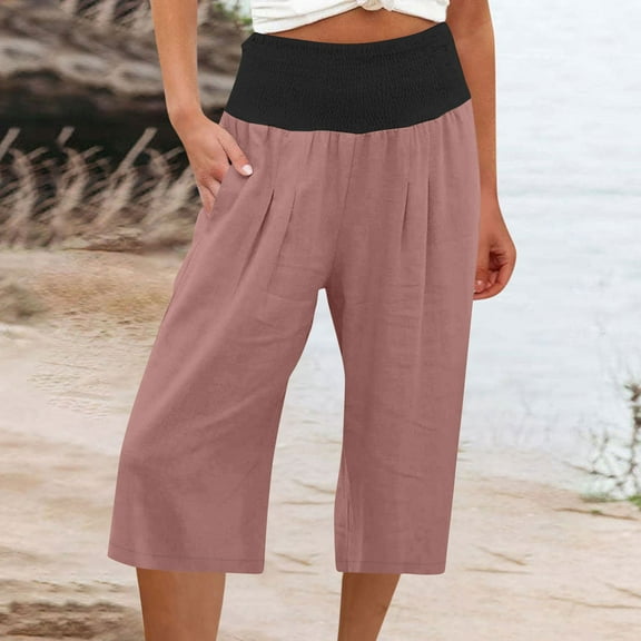 CLOISE Wide Leg Rompers For Women High Waisted Cotton Linen Capris With Pockets Stretch Wide Leg Capris Elastic Waist Lightweight Capris Pull On Capri Palazzo Pants Solid Lounge Cropped Pants Pink
