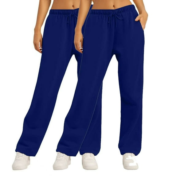 CLOISE Wide Leg Sweatpants for Women 2 Pack Baggy Straight Leg Pants Casual Petite Low Rise Open Bottom Trousers Navy Workout Elastic Waist Drawstring Solid Sweatpants with Pockets Everyday Pants