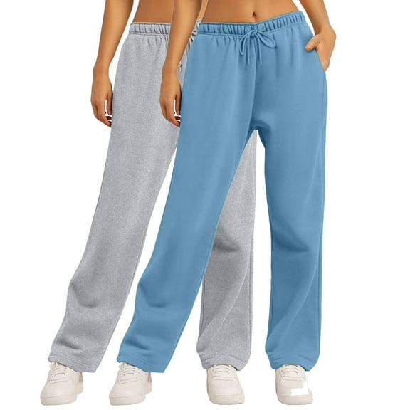 CLOISE Wide Leg Sweatpants for Women 2 Pack Baggy Straight Leg Pants Lounge Pull on Low Rise Open Bottom Pants Light Blue Active Elastic Waist Drawstring Solid Sweatpants with Pockets Classic Pants