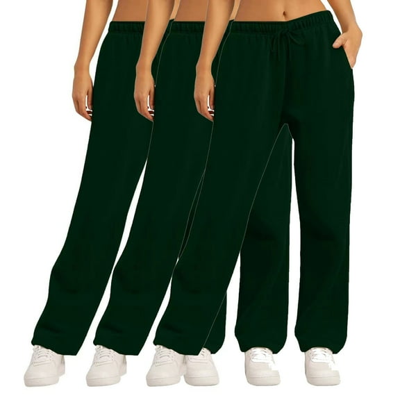 CLOISE Wide Leg Sweatpants for Women 3 Pack Baggy Straight Leg Pants Comfort Pull on Low Rise Open Bottom Pants Green Gym Elastic Waist Drawstring Solid Sweatpants with Pockets Winter Sweatpants