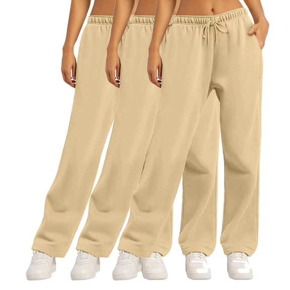 CLOISE Wide Leg Sweatpants Women 3 Pack Baggy Straight Leg Trousers Casual Pull on Low Rise Open Bottom Trousers Khaki Athletic Elastic Waist Drawstring Solid Sweatpants with Pockets Winter Pants