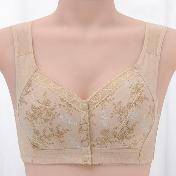 CLOISE Wireless Bras for Women Support Plus Size Front Closure Full Coverage No Underwire Bras for Seniors Wireless Front Close Push up Bras with Back Support Lace Everyday Bras Khaki 4XL