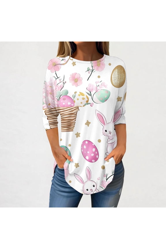 Women Dress Shirts 3/4 Sleeve Easter Plus Size Tops Tunic Crewneck Holiday Pullover Easter Eggs Loose Holiday Blouses White
