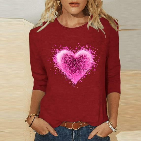 CLOISE Women Dress Shirts 3/4 Sleeve Mothers Days Plus Size Tops Crewneck Holiday Pullover Heart Loose Holiday Blouses Red