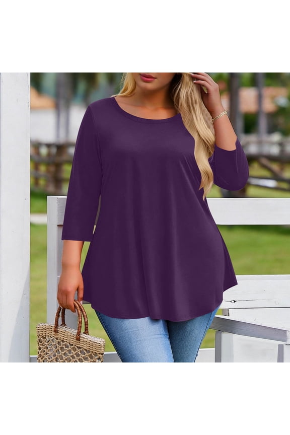 Women Dress Shirts 3/4 Sleeve Plus Size Tops Round Neck Casual Pullover Solid Color Loose Summer Blouses Purple