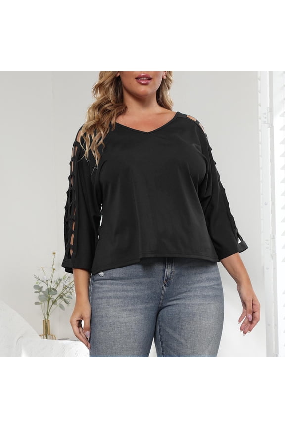 Women Dress Shirts 3/4 Sleeve Plus Size Tops V Neck Casual Pullover Solid Color Summer Blouses Black XL
