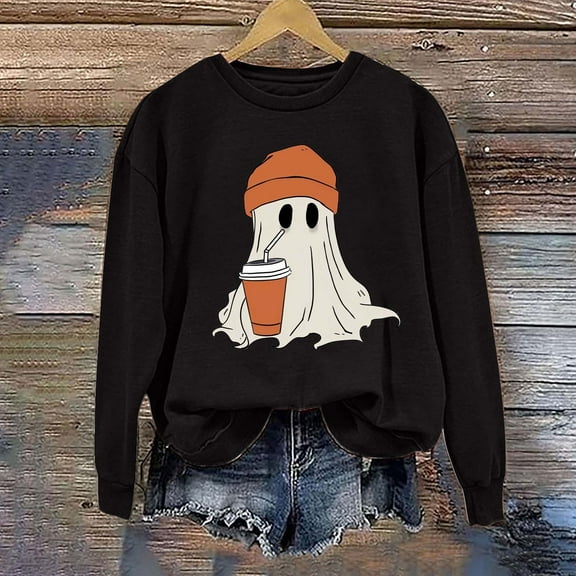 CLOISE Women Halloween Sweatshirts Fashion Ghost Graphic Pullover Sweatshirts Fall Long Sleeve Crew Neck Hoodies Shirts Casual Tops Festival Party Clothes Black XL Trick