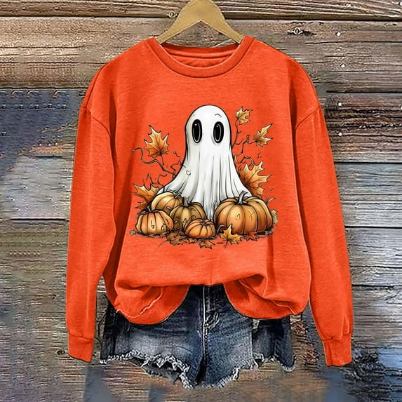 CLOISE Women Halloween Sweatshirts Trendy Ghost Print Oversized Sweatshirts Fall Long Sleeve Crewneck Hoodies Shirts Soft Tops Halloween Party Clothes Orange L Spooky