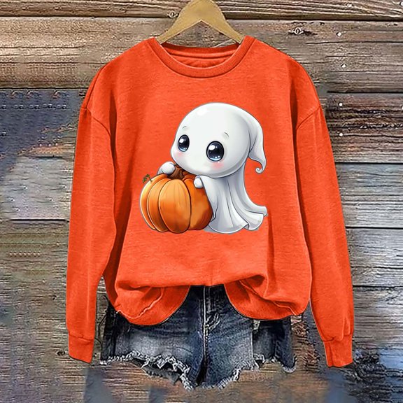 CLOISE Women Halloween Sweatshirts Trendy Ghost Print Oversized Sweatshirts Fall Long Sleeve Crewneck Hoodies Shirts Soft Tops Halloween Party Outfits Orange L Trick
