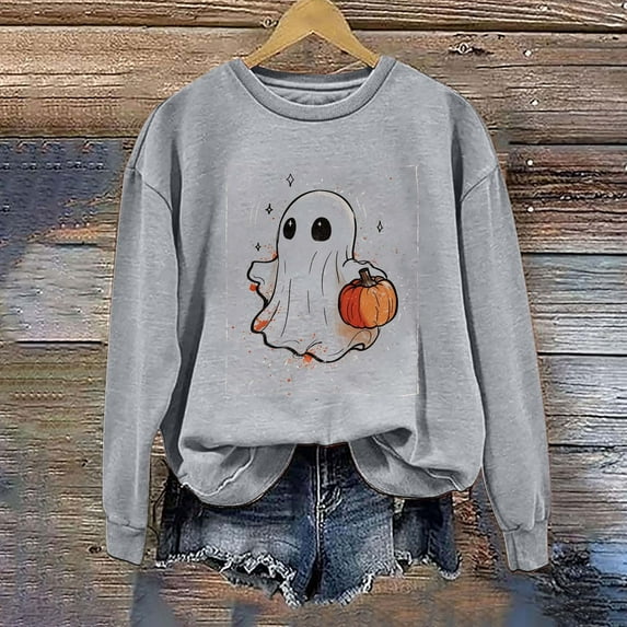 CLOISE Women Halloween Sweatshirts Trendy Ghost Print Pullover Sweatshirts Fall Long Sleeve Crewneck Hoodies Shirts Casual Tops Halloween Party Clothes Gray XL Spooky