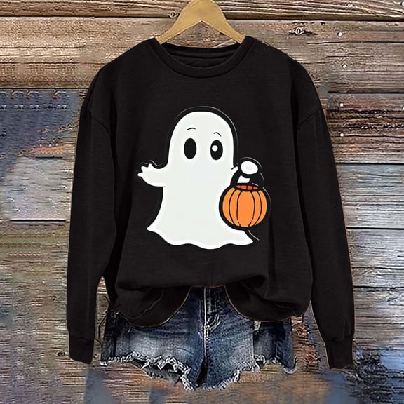 CLOISE Women Halloween Sweatshirts Trendy Ghost Print Pullover Sweatshirts Fall Long Sleeve Crewneck Hoodies Shirts Soft Tops Halloween Party Clothes Black L Spooky