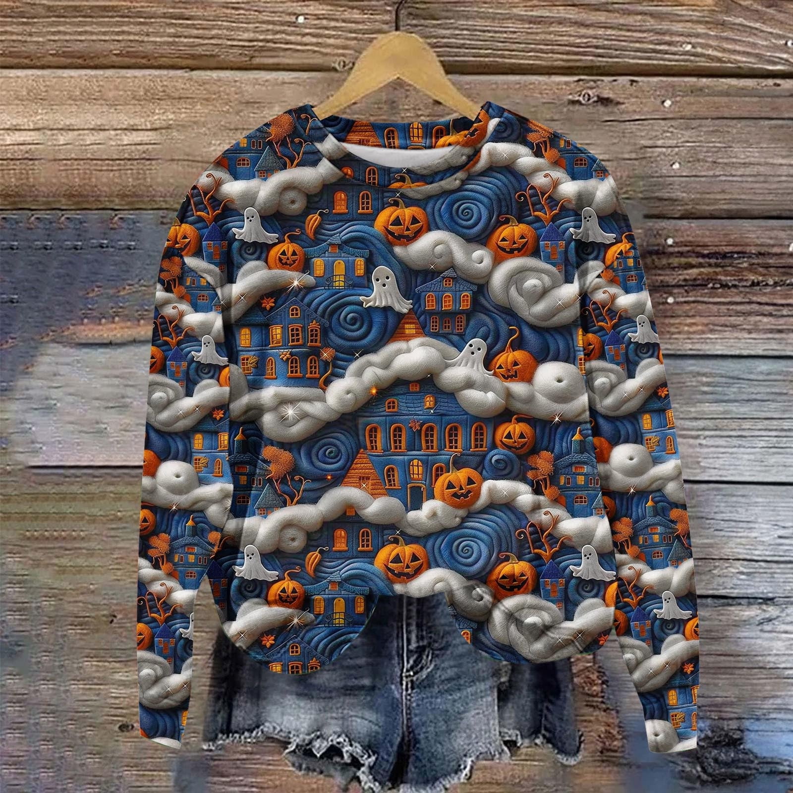 Sweat-shirt Femme Halloween - Col Rond, Manches Longues, Sans Capuche - Motif Fantôme Imprimé - Décontracté