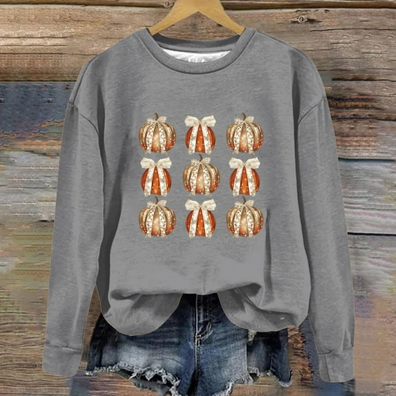 CLOISE Women Halloween Sweatshirts Trendy Pumpkin Print Oversized Sweatshirts Fall Long Sleeve Crewneck Hoodies Shirts Comfy Tops Halloween Party Clothes Gray 2XL Treat