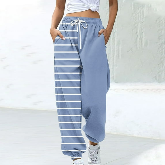 CLOISE Women Jogger Sweatpants Baggy Jogger Sweatpants Casual Pull on High Waisted Elastic Bottom Pants Light Blue Active Elastic Waist Drawstring Striped Sweatpants with Pockets 2024 Fall Sweatpants