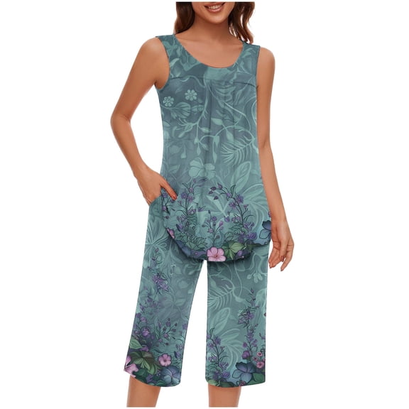 CLOISE Women Loungewear Sets Two Piece Comfy Tank Top Sleepwear Shirts and Comfort Capri Pants Night Clothes Set Comfortable Flower Graphic Classic Pjs