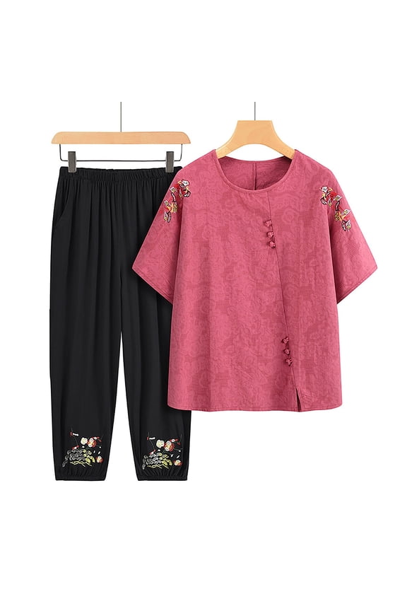 Women Pajama Sets Two-Piece Comfortable Half Sleeve Sleepwear Blouses and Soft Capri Pants Sleep Sets Casual Embroidery Print Classic Night Clothes