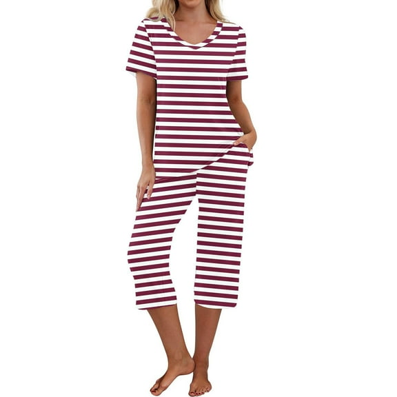 CLOISE Women Pjs Sets 2-Piece Cozy Short Sleeve Sleepwear Tees and Comfy Capri Pants with Pockets Pjs Sets Comfort Striped Graphic Trendy Loungewear