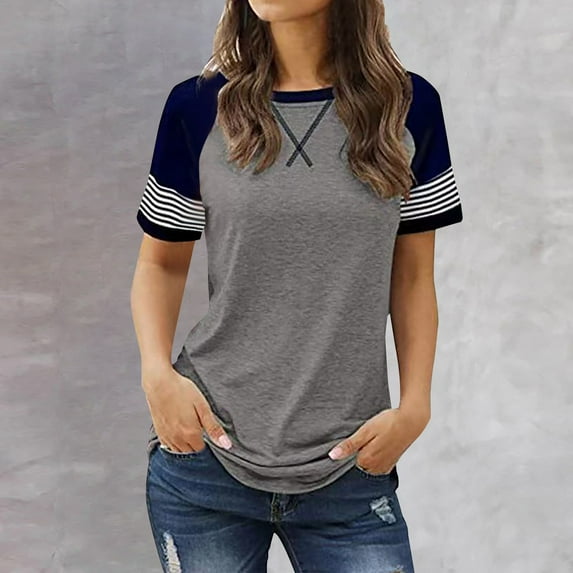 CLOISE Women Shirts Summer Short Sleeve Tops Casual Loose Crew Neck Ladies T Shirts Trendy Comfortable Tee Color Block Casual Tunic Cute Striped Blouse Gray L