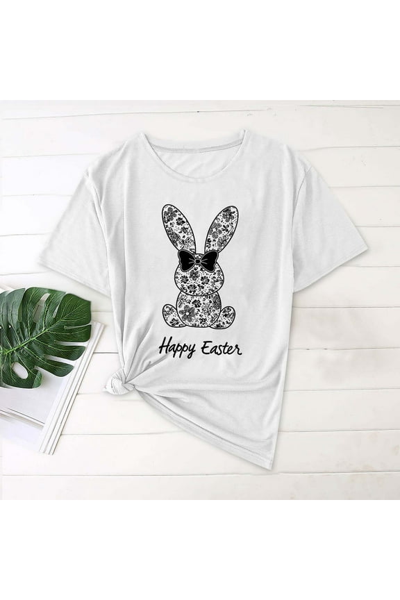 Women Short Sleeve Tops Easter Plus Size Shirts Crewneck Holiday Pullover Bunny Holiday Blouses White